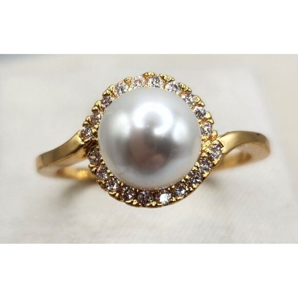 Gold Plated Faux Pearl Ring With Crystal Accent- Solitaire - Picture 2 of 3